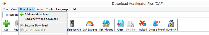 Showing the Download Accelerator Plus interface with the downloads menu and context menu opened
